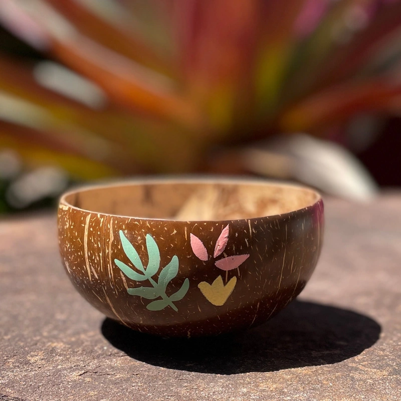 hand painted leaf coconut bowl Hand-painted leaves on a natural shell exterior in an outdoor setting.