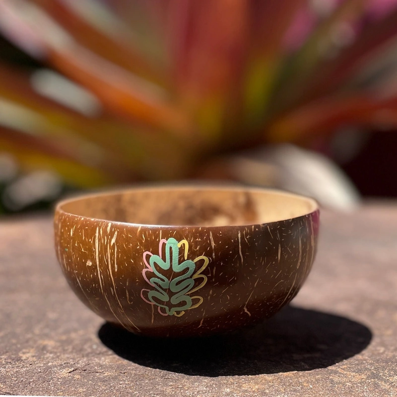 A painted leaf detail on the curved coconut shell.