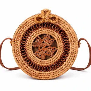 Decorative round rattan bag with interlaced knot weave