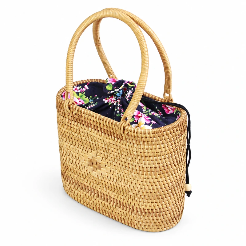 Floral Drawstring Rattan Handbag with Twin Handles 4 floral drawstring rattan handbag with twin arch handles