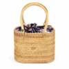 Floral drawstring rattan handbag with twin woven handles