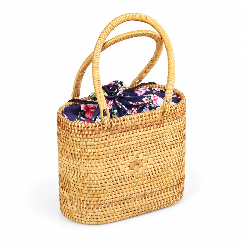 Floral Drawstring Rattan Handbag with Twin Handles Floral drawstring rattan handbag construction detail