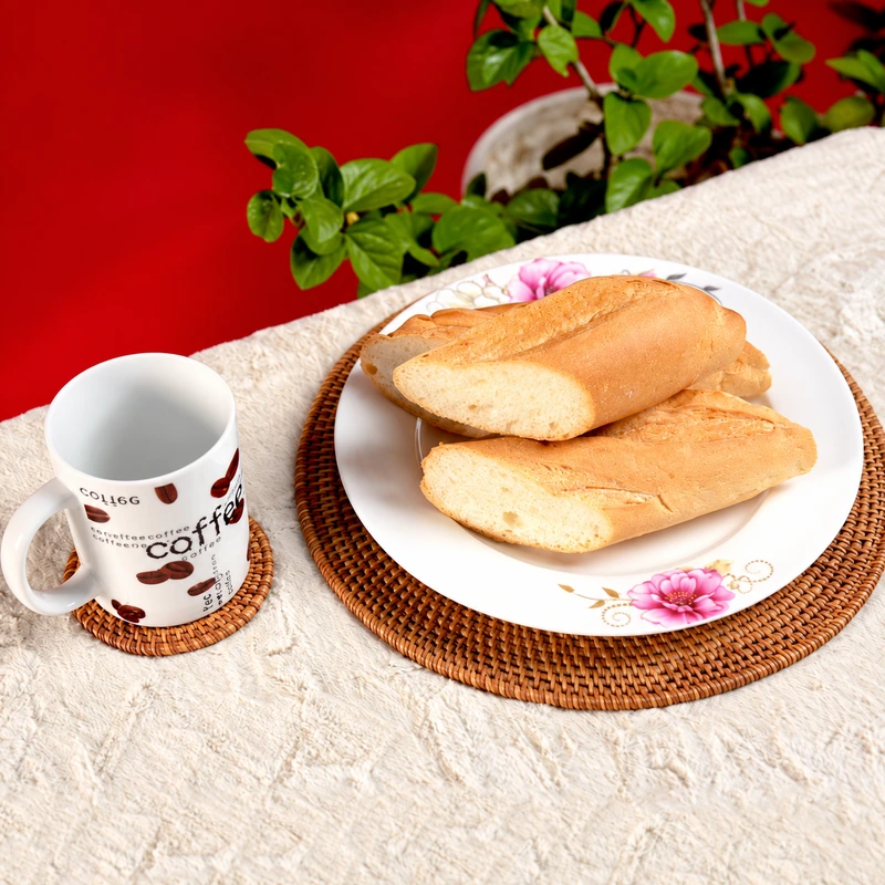 Handwoven Rattan Coasters & Table Mats | 3 Styles 9 Rattan coasters and table mats in a breakfast setting