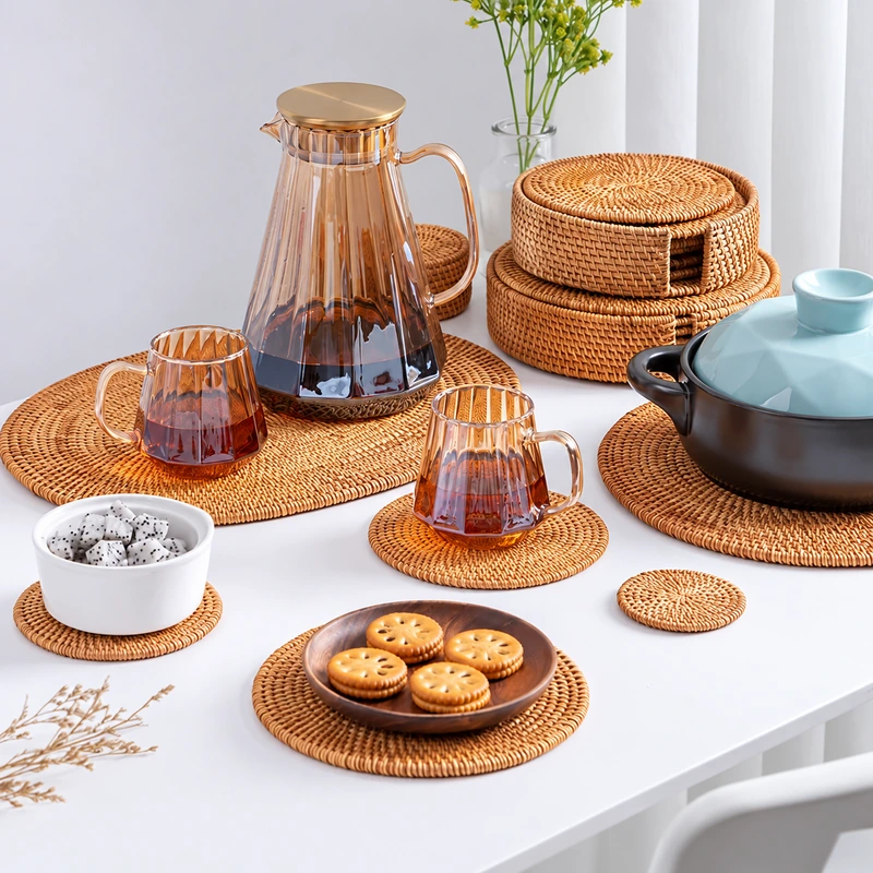 Handwoven Rattan Coasters & Table Mats | 3 Styles 10 Rattan coasters and mats styled with tableware
