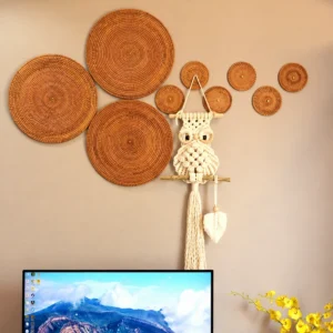 Handwoven Rattan Coasters & Table Mats | 3 Styles 2 Woven rattan circles used in a decorative wall display