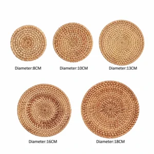 Handwoven Rattan Coasters & Table Mats | 3 Styles 4 Rattan coaster diameter guide showing 8, 10, 13, 16 and 18 cm