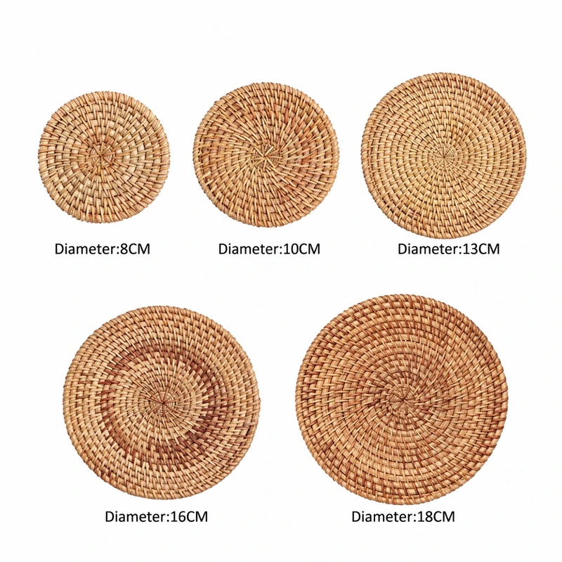 Rattan coaster diameter guide showing 8, 10, 13, 16 and 18 cm Rattan coaster diameter guide showing 8, 10, 13, 16 and 18 cm