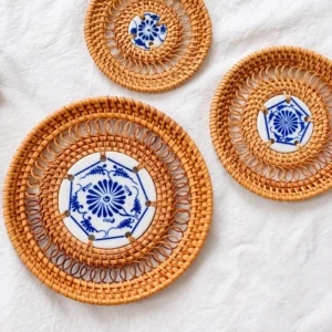 Handwoven Rattan Coasters & Table Mats | 3 Styles 7 Ceramic-centred rattan coasters on white fabric