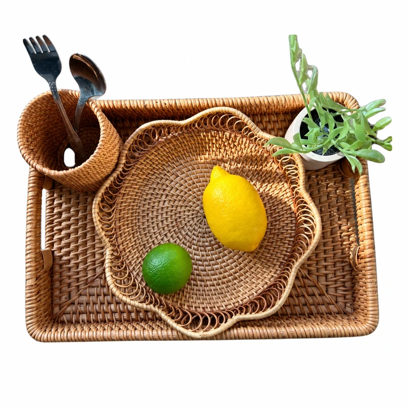 Scalloped tray styled with fruit and tabletop accessories Scalloped tray styled with fruit and tabletop accessories