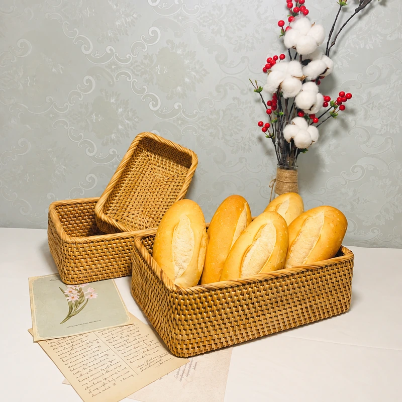 Rectangular Rattan Storage Basket | 3 Sizes 5 Rectangular baskets styled with bread
