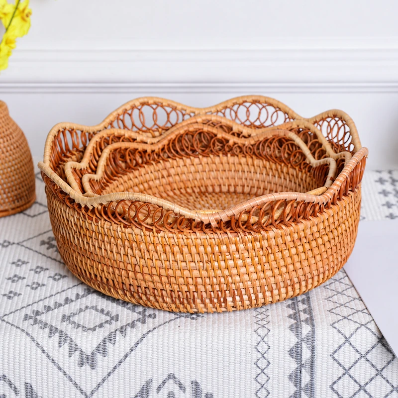 Decorative Rattan Fruit Basket | 3 Sizes 7 Decorative rattan fruit basket assortment on a patterned cloth