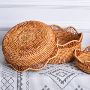 Rattan fruit basket underside and nested sizes