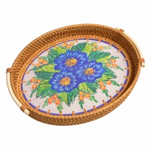 floral rattan tray on a white background