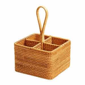 rattan cutlery caddy on a white background