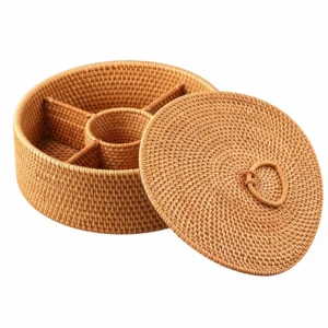 round divided rattan box on a white background