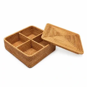 square divided rattan box on a white background