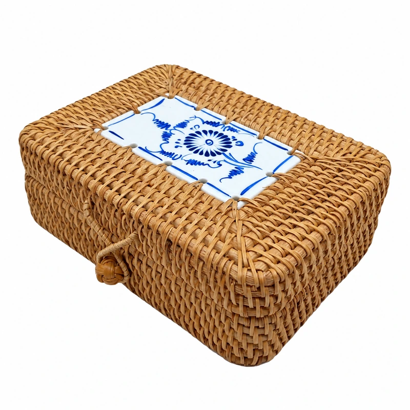 Ceramic Lid Rattan Box | Floral Design 1 ceramic lid rattan box product photograph