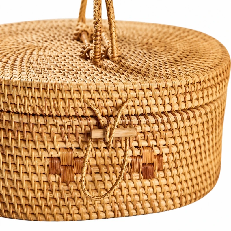 oval lidded rattan basket construction detail