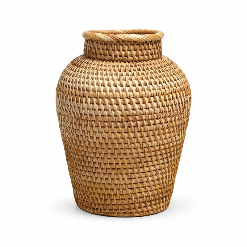 woven rattan vase on a white background woven rattan vase on a white background