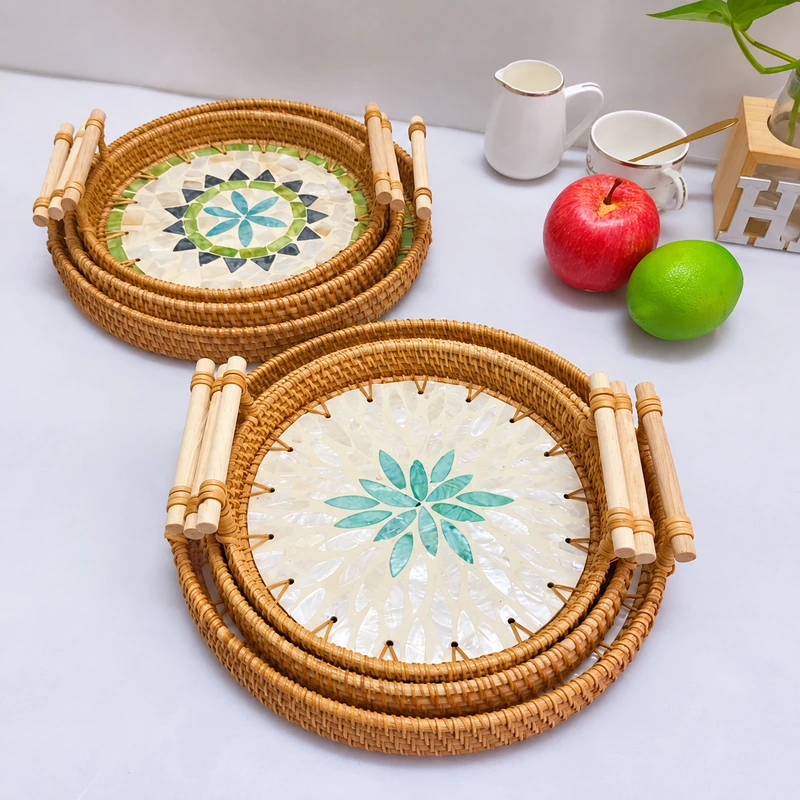 Ceramic Inlay Rattan Tray | Set of 3 1 ceramic inlay rattan tray product photograph