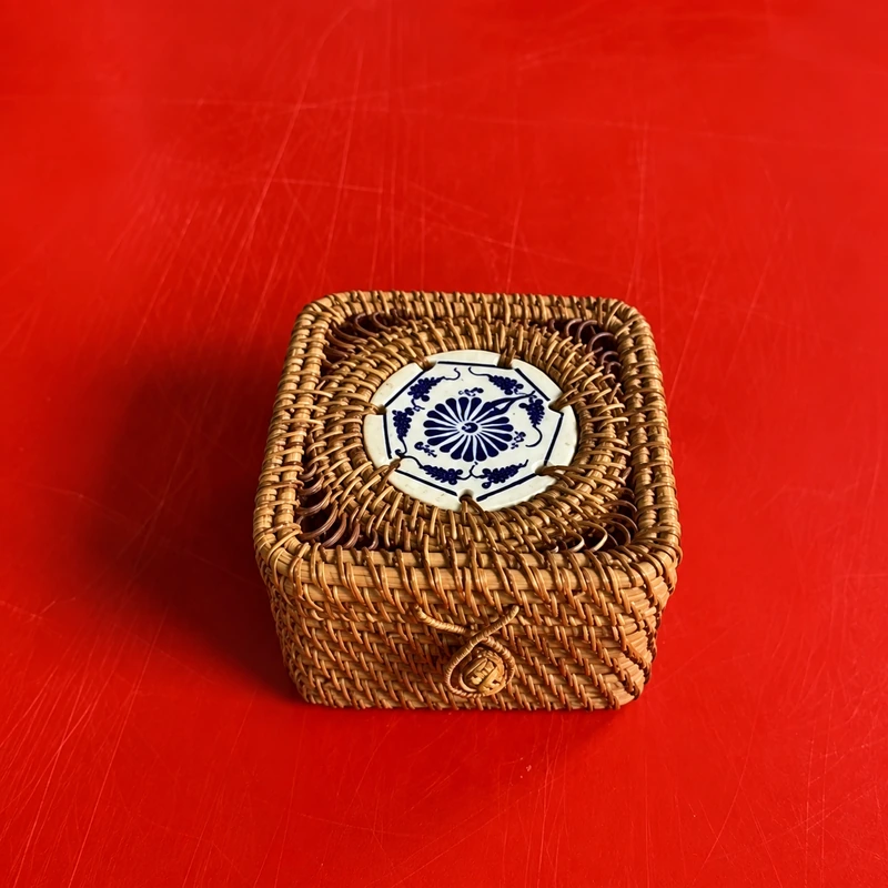 Square Ceramic Lid Rattan Box | 11 cm 1 square ceramic lid rattan box product photograph