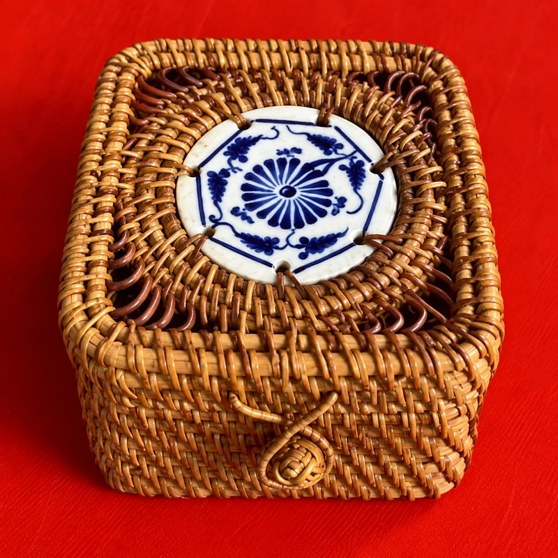 Square Ceramic Lid Rattan Box | 11 cm 2 square ceramic lid rattan box construction detail