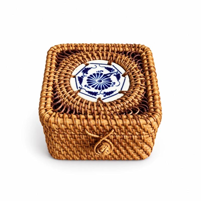 square ceramic lid rattan box on a white background square ceramic lid rattan box on a white background