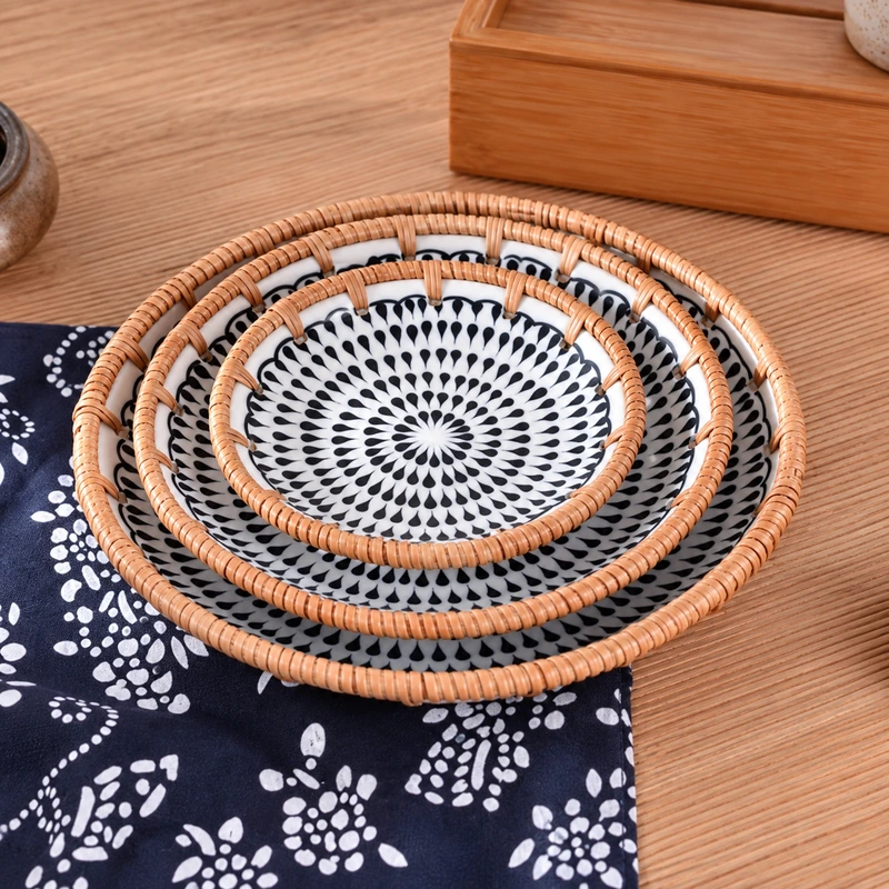 Geometric Ceramic Rattan Plates | Set of 3 1 geometric ceramic rattan plates product photograph