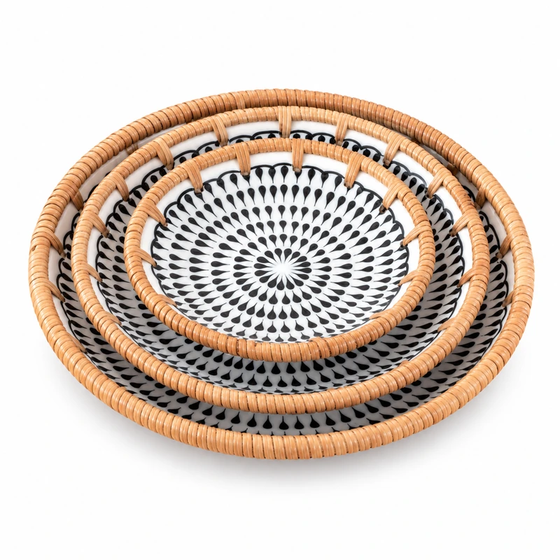 geometric ceramic rattan plates on a white background geometric ceramic rattan plates on a white background