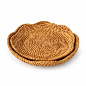 scalloped rattan plates on a white background