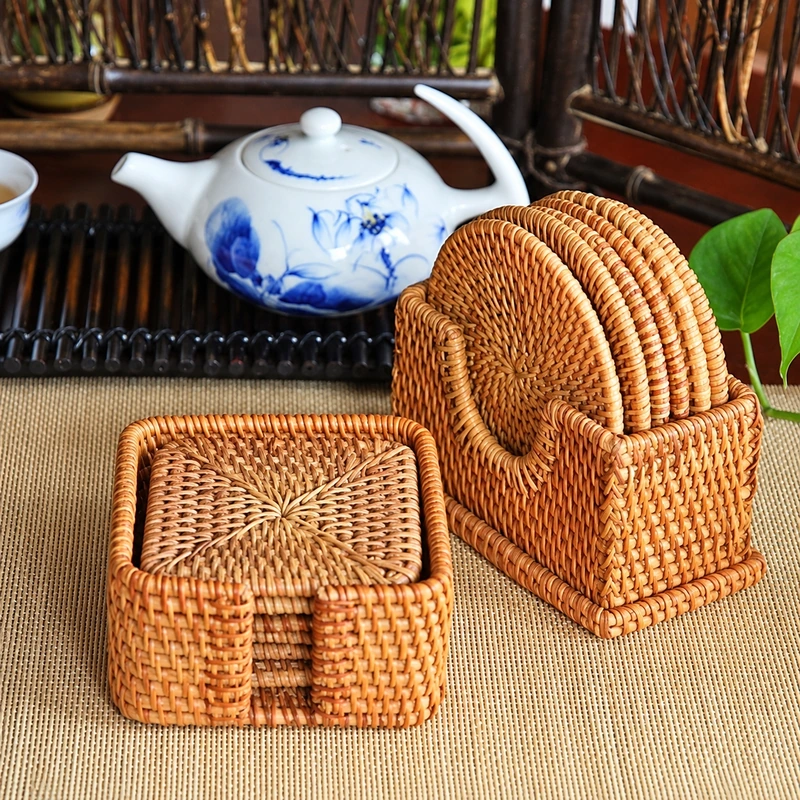 Rattan Coaster Holder Set | 2 Styles 1 rattan coaster holder set product photograph