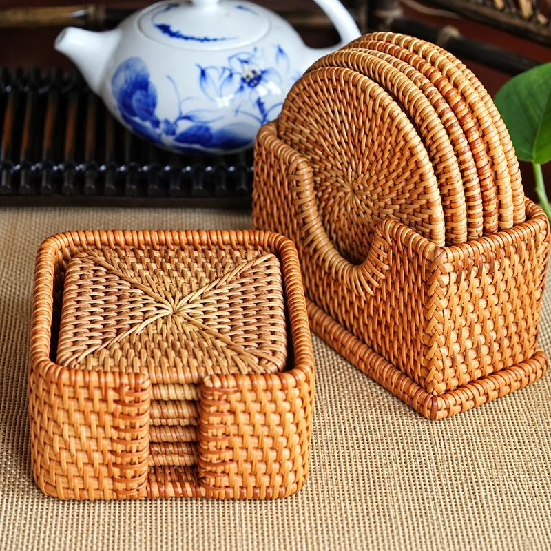 Rattan Coaster Holder Set | 2 Styles 2 rattan coaster holder set woven detail