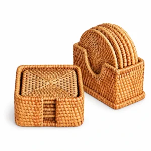 rattan coaster holder set on a white background