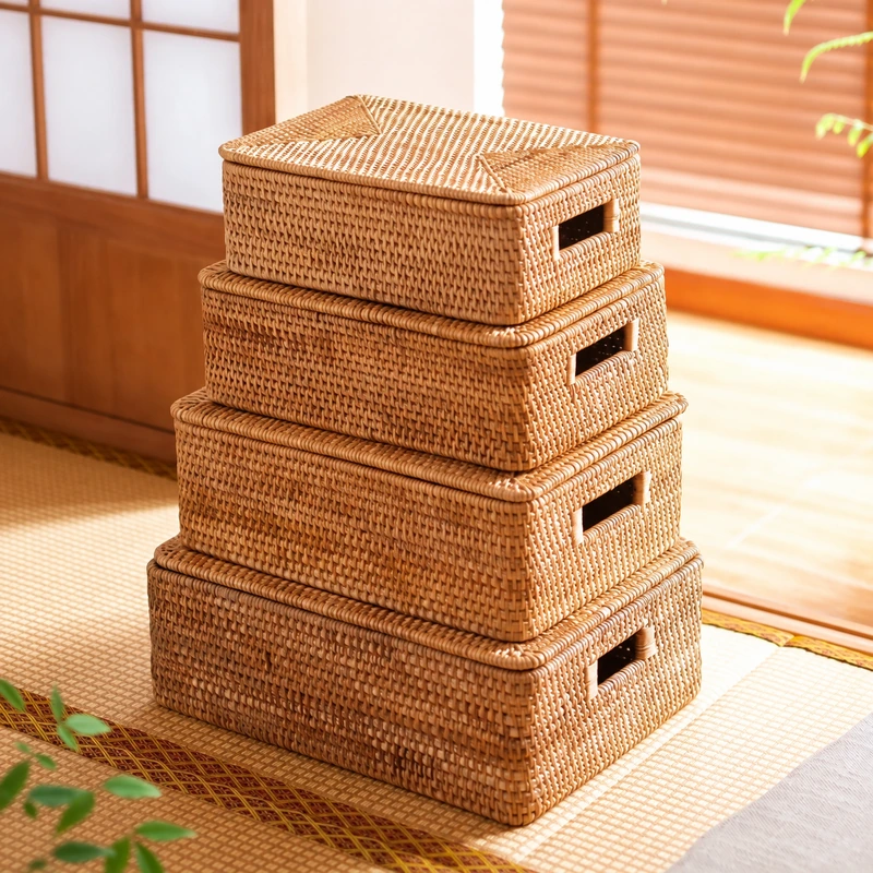 stackable rattan storage boxes product photograph