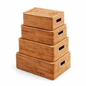 stackable rattan storage boxes on a white background