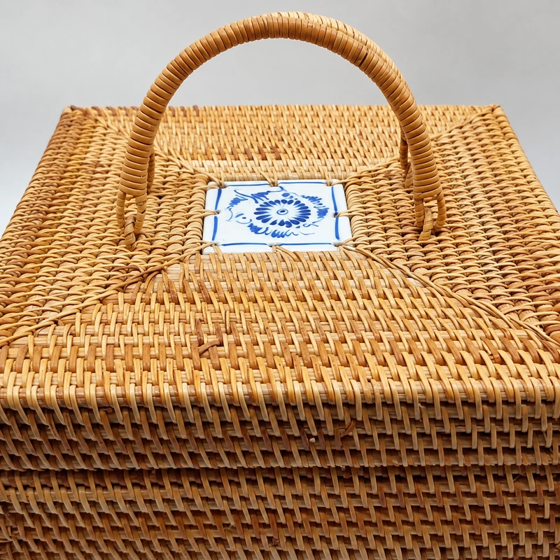 square rattan picnic basket woven detail