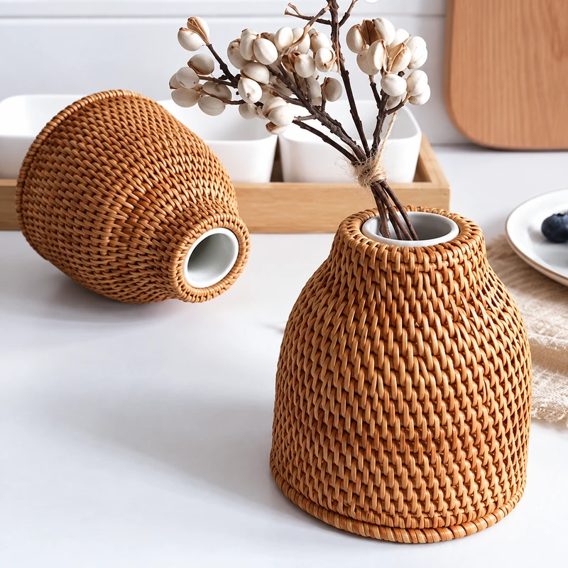 Bell Shaped Rattan Vases | 2 Forms 2 bell shaped rattan vases woven detail