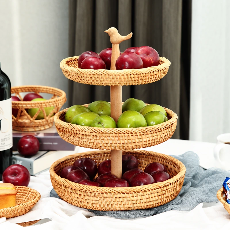Three Tier Rattan Fruit Stand | Bird Detail 1 three tier rattan fruit stand product photograph