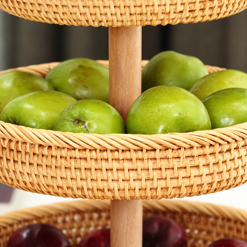 Three Tier Rattan Fruit Stand | Bird Detail 2 three tier rattan fruit stand woven detail