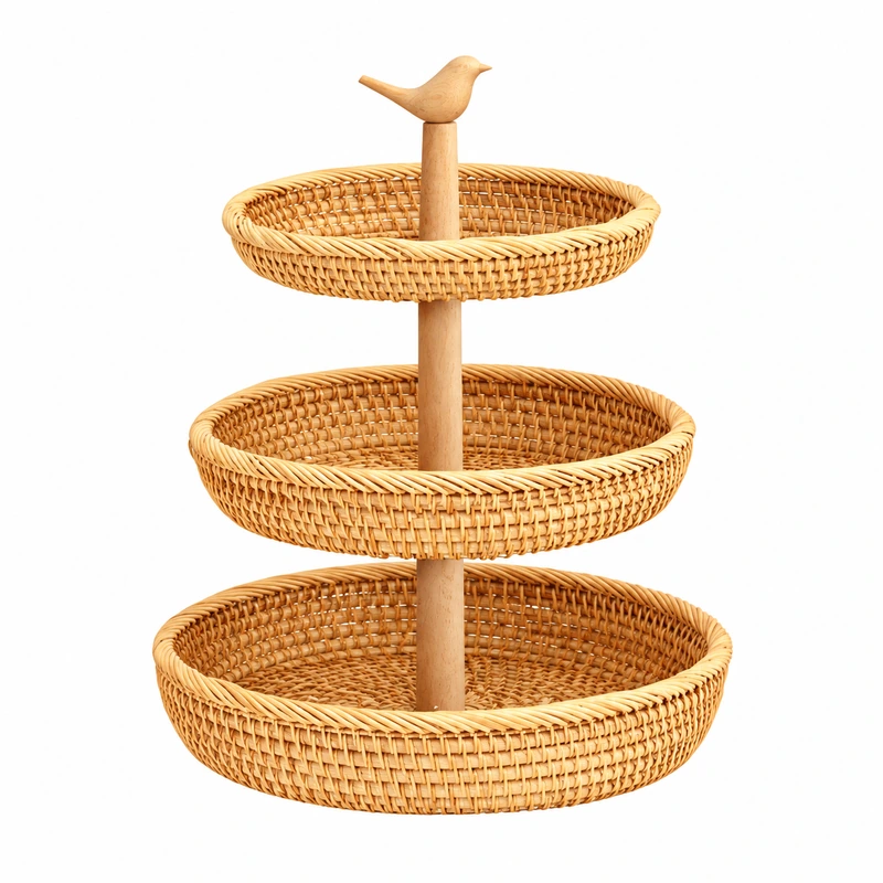 three tier rattan fruit stand on a white background three tier rattan fruit stand on a white background