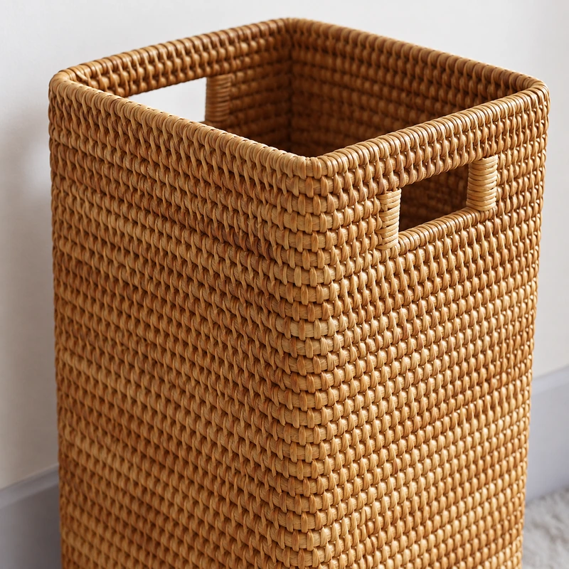 Tall Rectangular Rattan Basket | Open Top 2 tall rectangular rattan basket woven detail
