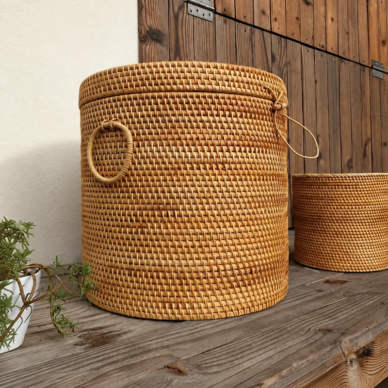 Round Lidded Rattan Hamper | Ring Handles 1 round lidded rattan hamper product photograph
