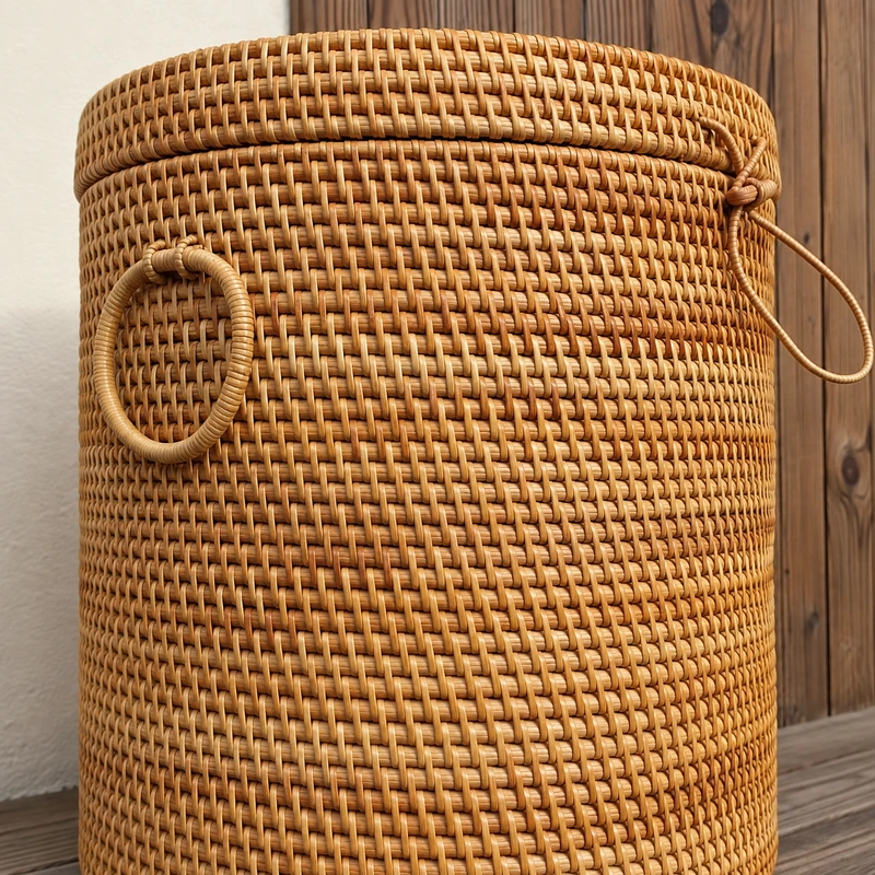 Round Lidded Rattan Hamper | Ring Handles 2 round lidded rattan hamper woven detail