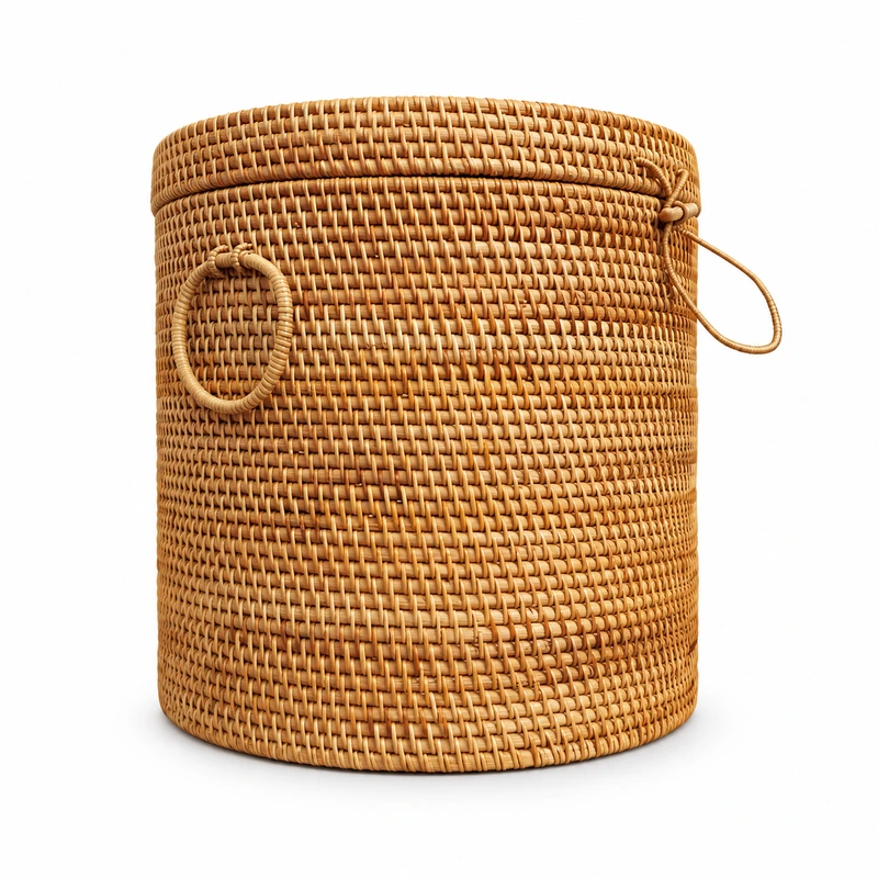 round lidded rattan hamper on a white background round lidded rattan hamper on a white background