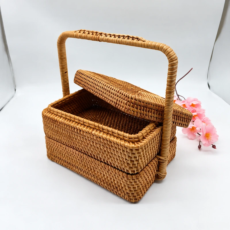 Rectangular Rattan Picnic Basket | Split Lid 1 rectangular rattan picnic basket product photograph