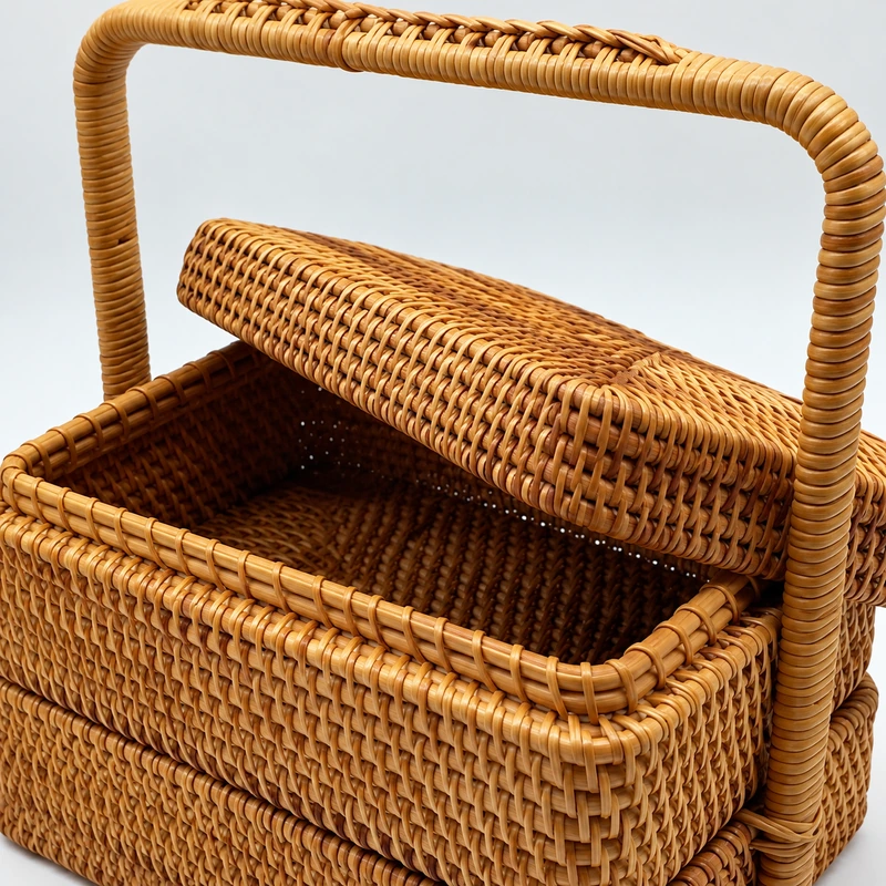 Rectangular Rattan Picnic Basket | Split Lid 2 rectangular rattan picnic basket woven detail