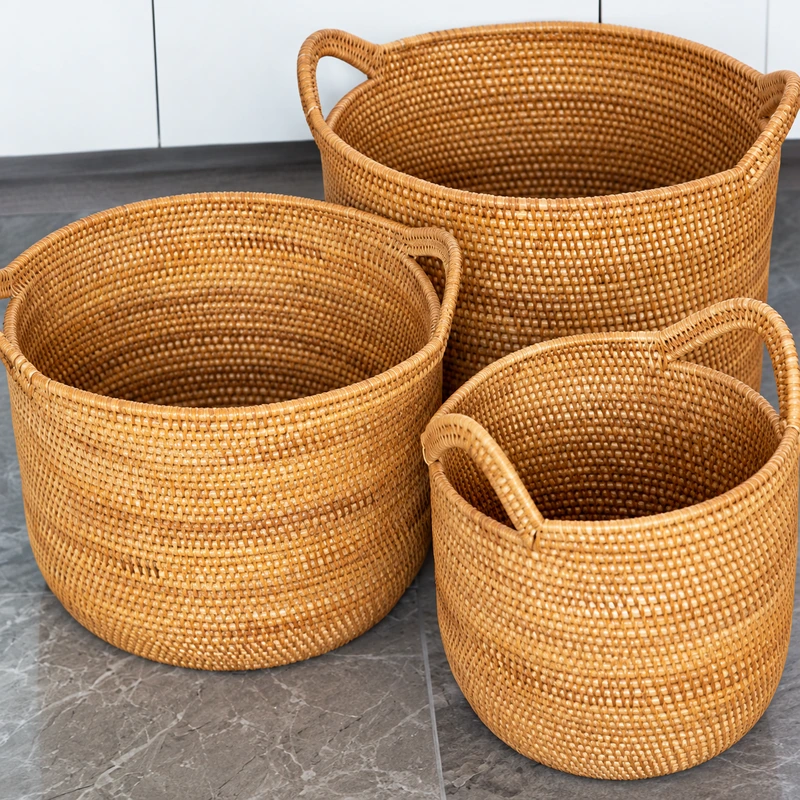 round rattan storage tubs woven detail