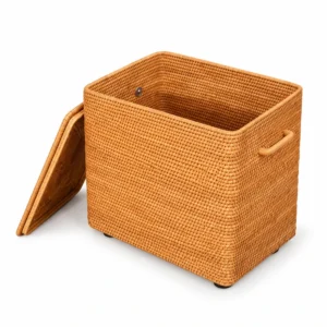 square rattan storage hamper on a white background