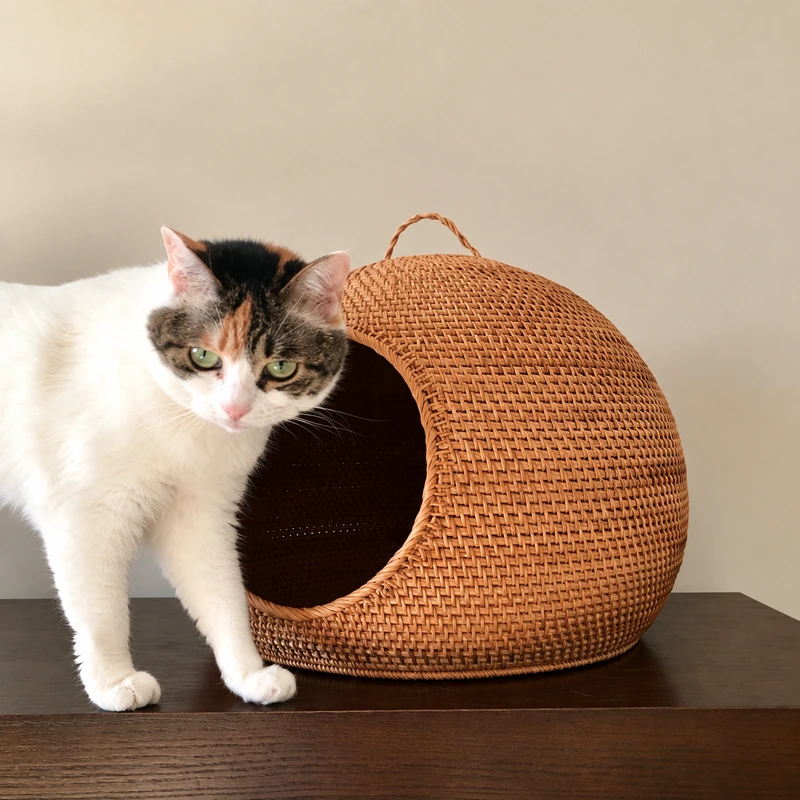 Domed Rattan Cat Bed | Front Opening 1 domed rattan cat bed product photograph