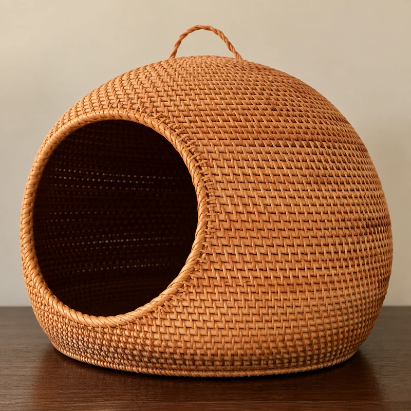 Domed Rattan Cat Bed | Front Opening 2 domed rattan cat bed woven detail